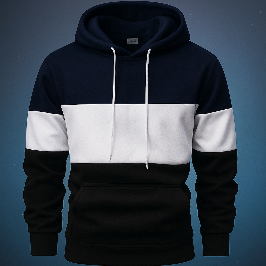 Tricolor Pullover Hoodie – Stylish Casual Sweatshirt for Men | Navy, White & Black
