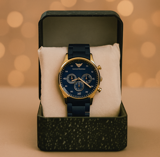 Emporio Armani Men’s Blue Dial Chronograph Watch – Luxury Gold & Navy Timepiece