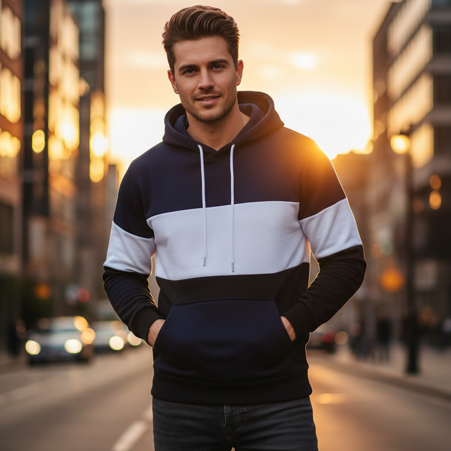 Tricolor Pullover Hoodie – Stylish Casual Sweatshirt for Men | Navy, White & Black