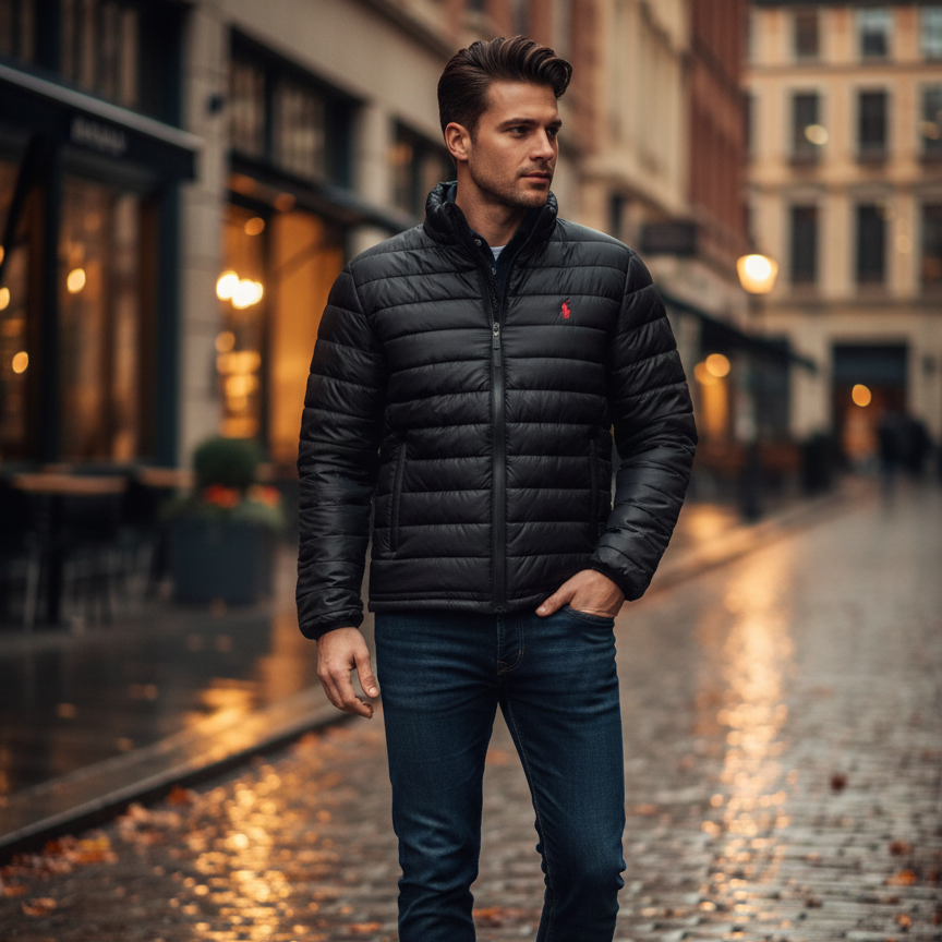 Classic Black Polo Puffer Jacket – Sleek, Warm & Lightweight Winter Essential