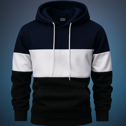 Tricolor Pullover Hoodie – Stylish Casual Sweatshirt for Men | Navy, White & Black