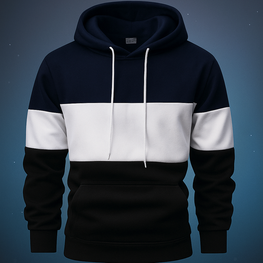 Tricolor Pullover Hoodie – Stylish Casual Sweatshirt for Men | Navy, White & Black
