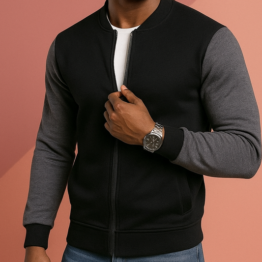 Men’s Stylish Black & Grey Zipper Sweater – Casual Slim Fit Jacket