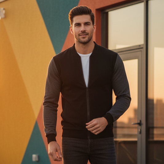 Men’s Stylish Black & Grey Zipper Sweater – Casual Slim Fit Jacket