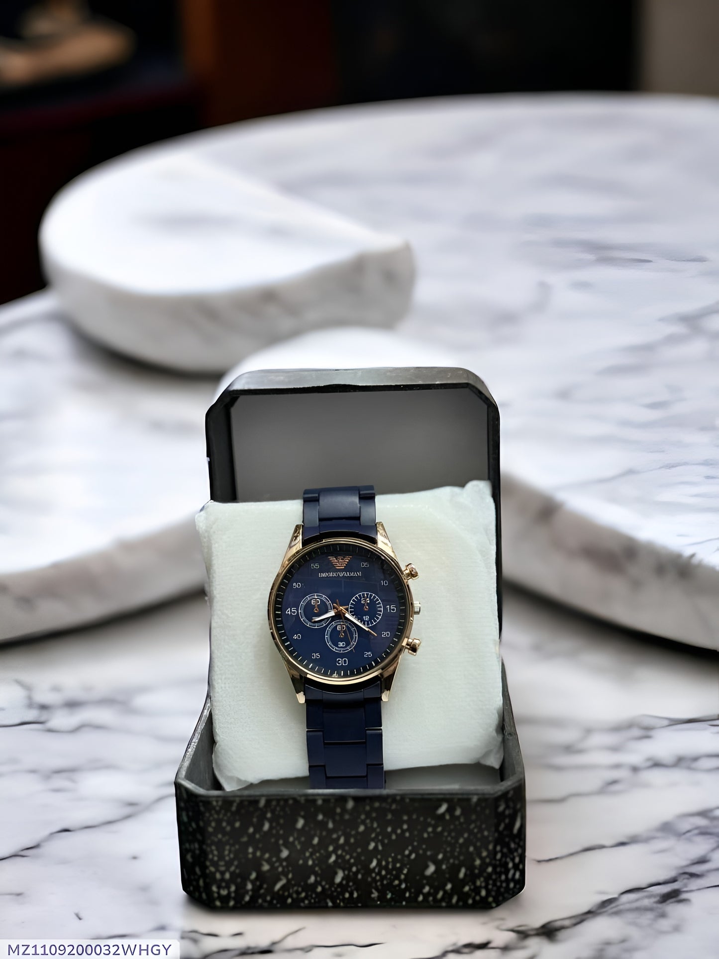 Emporio Armani Men’s Blue Dial Chronograph Watch – Luxury Gold & Navy Timepiece
