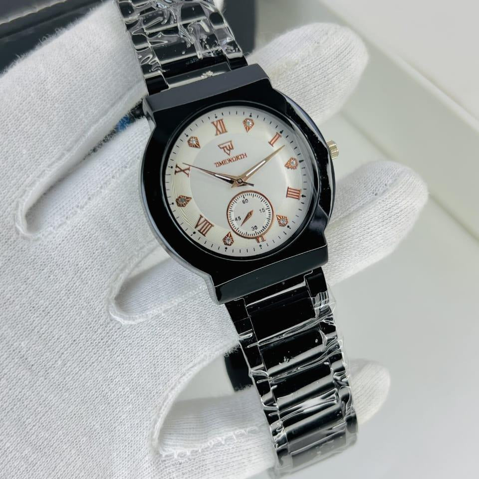 TiMEWORTH Prestige Series – Black Dial Silver Chain Luxury Watch